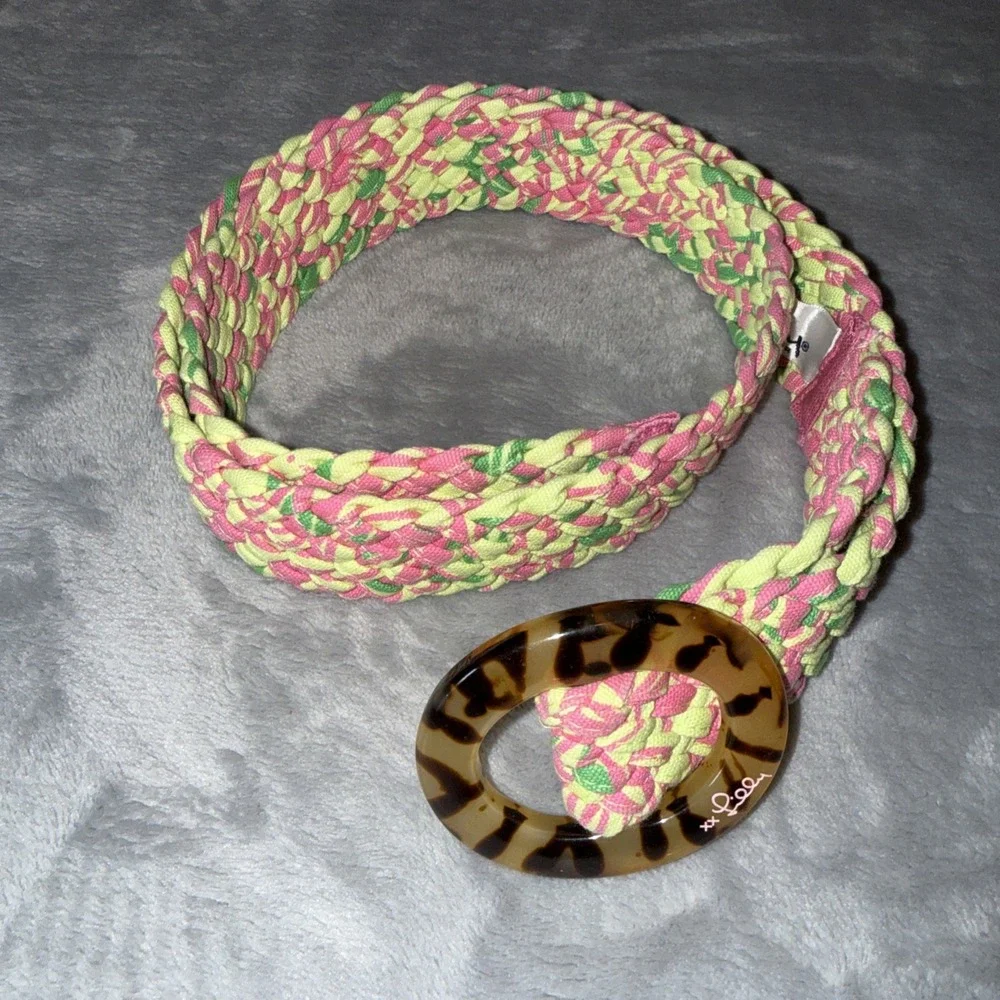 Lilly Pulitzer Multicolor Pink Green Belt Tortoise Buckle Size XL Colorful